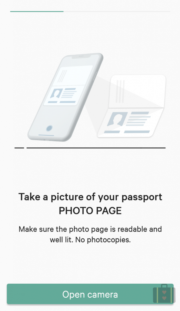 Será solicitado que você tire uma foto do seu passaporte conforme ilustrado na imagem.