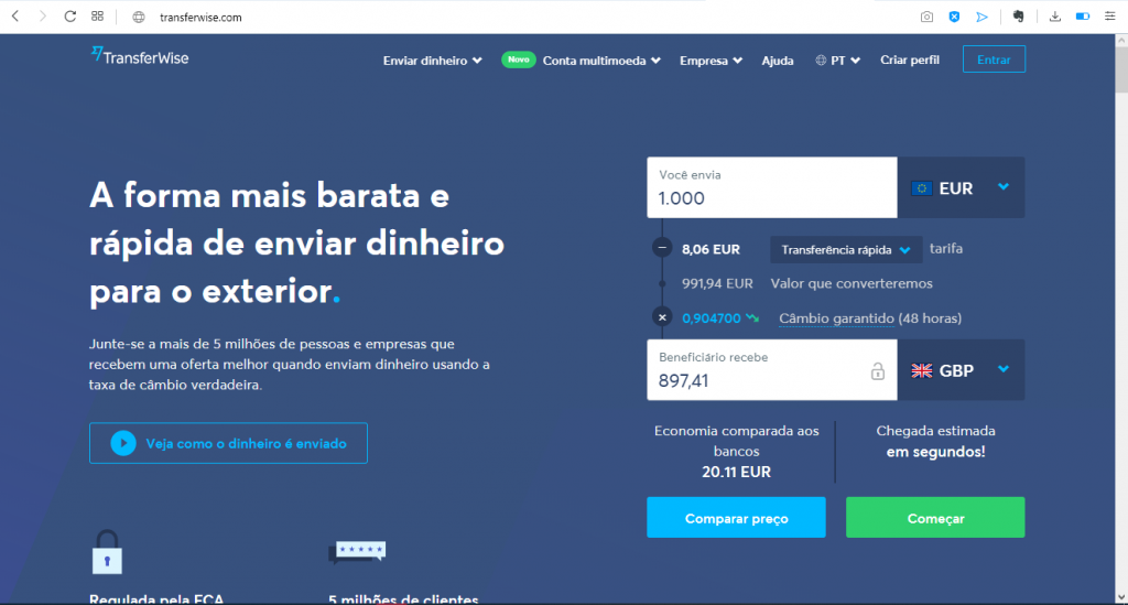 Na página inicial do TransferWise você já consegue fazer simulações de remessas.
Nessa tela, você vai clicar no botão “Criar perfil” para ser abrir sua conta.