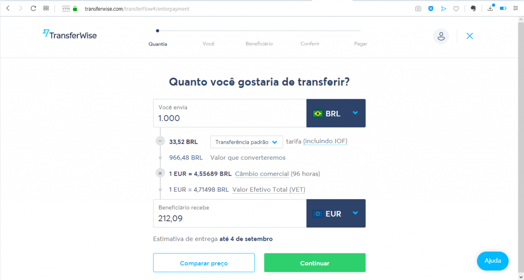 Aqui você já poderá fazer simulações dos valores a enviar e a receber.
Para esse exemplo, vamos fazer uma conversão de R$ 1.000,00 para Euros.