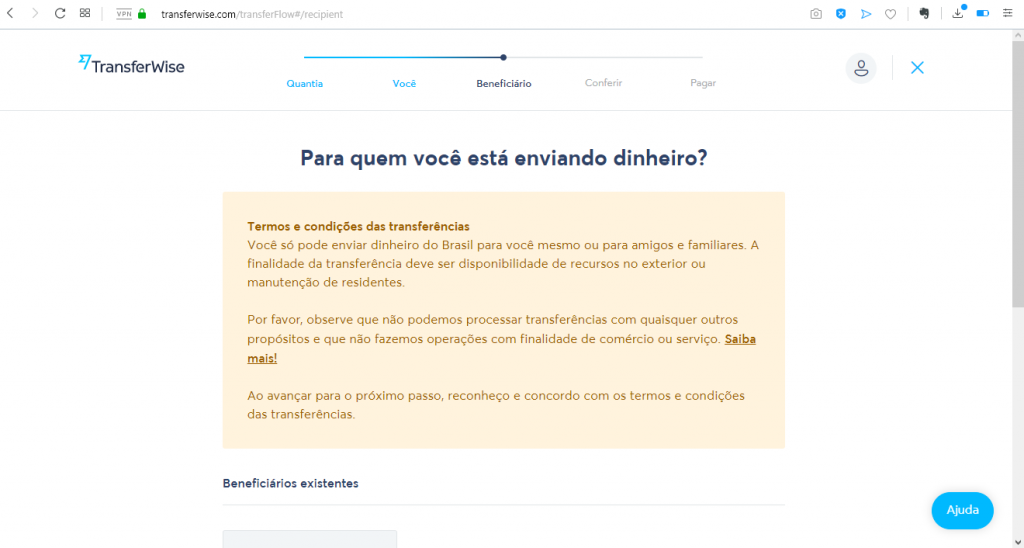 Após definir o valor, vamos para a etapa de informações sobre o Beneficiário.