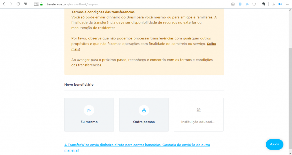 Fique atento às informações e condições no caso de envio para outras pessoas.
No exemplo, vamos escolher a opção Eu mesmo como beneficiário.