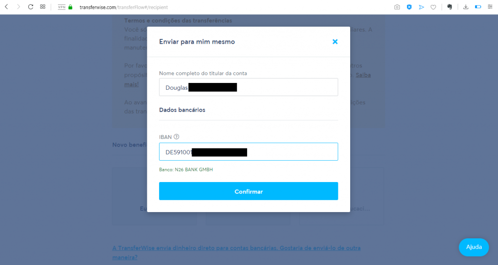 O campo Nome completo será preenchido automaticamente
Cole o seu código IBAN , ele reconhecerá o N26 como banco destino.