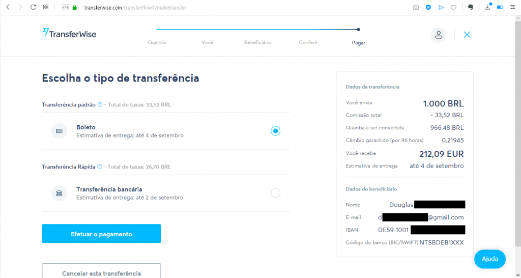 A seguir, você irá escolher como vai efetuar o pagamento.
As opções são Boleto e Transferência bancária.