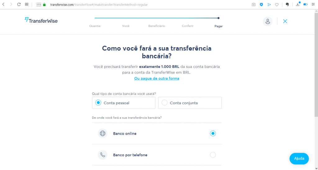 Ao escolher Transferência bancária, vamos informar o tipo de conta e origem da transferência.