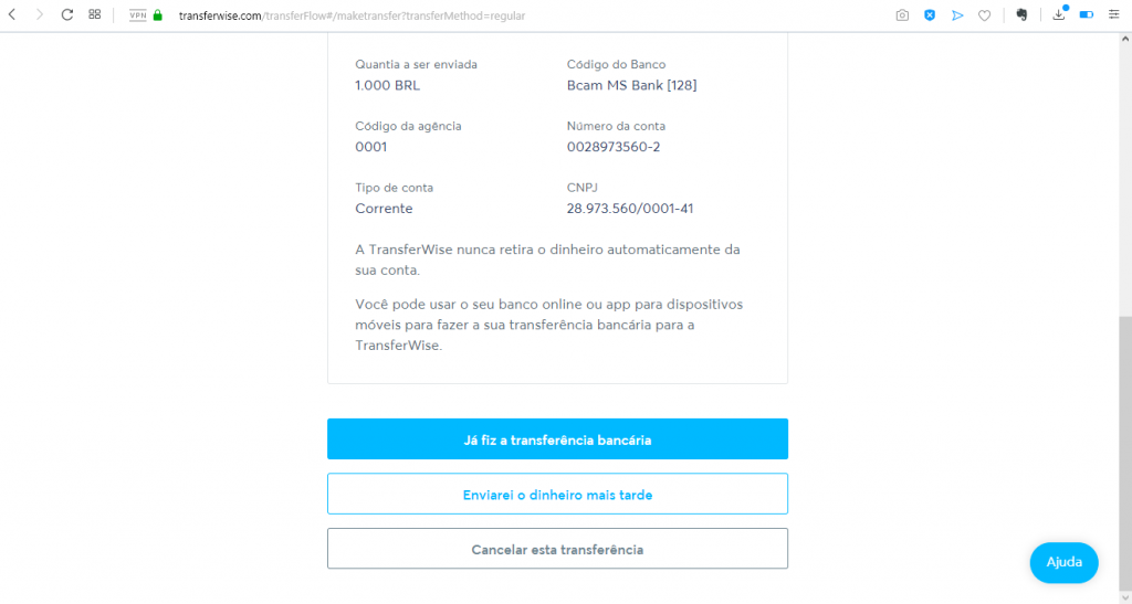 Vamos clicar no botão Enviarei o dinheiro mais tarde e vamos para o aplicativo do banco realizar o TED com as informações anteriores.