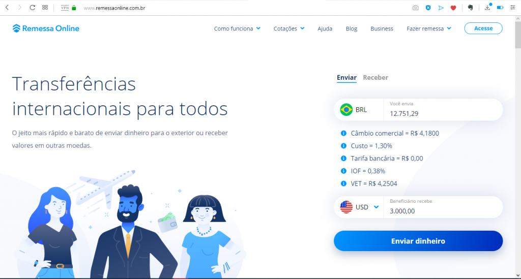 Página Inicial do Remessa Online onde você já consegue fazer simulações de remessas.
Nessa tela, você vai clicar no botão "Acesse" para ser direcionado ao login.