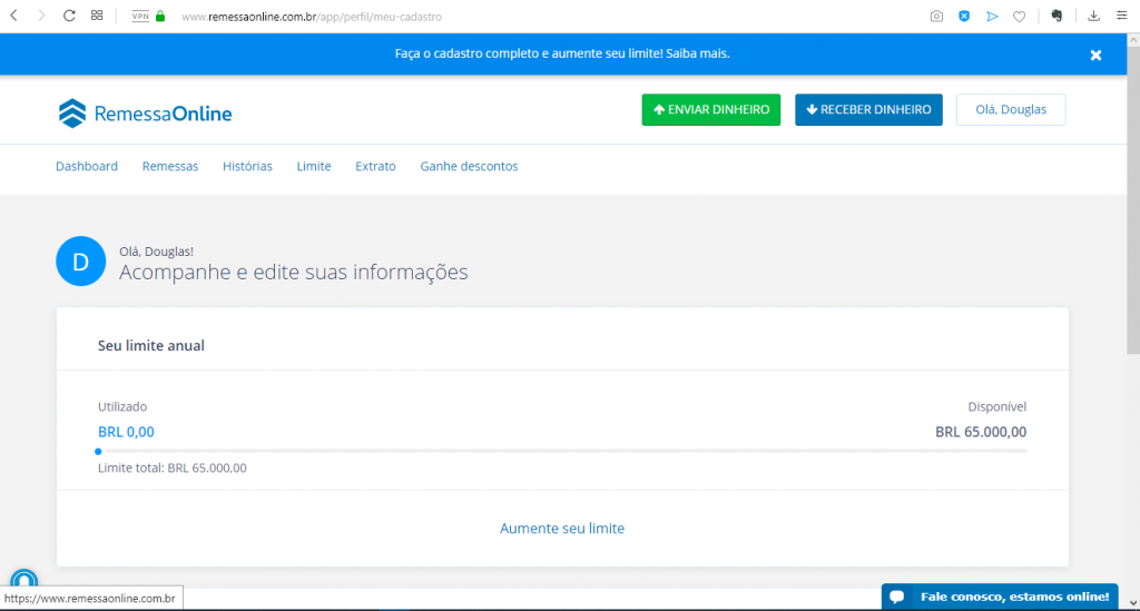 Esta é a página Meus Dados, onde você consegue visualizar seus limites e informações de cadastro.