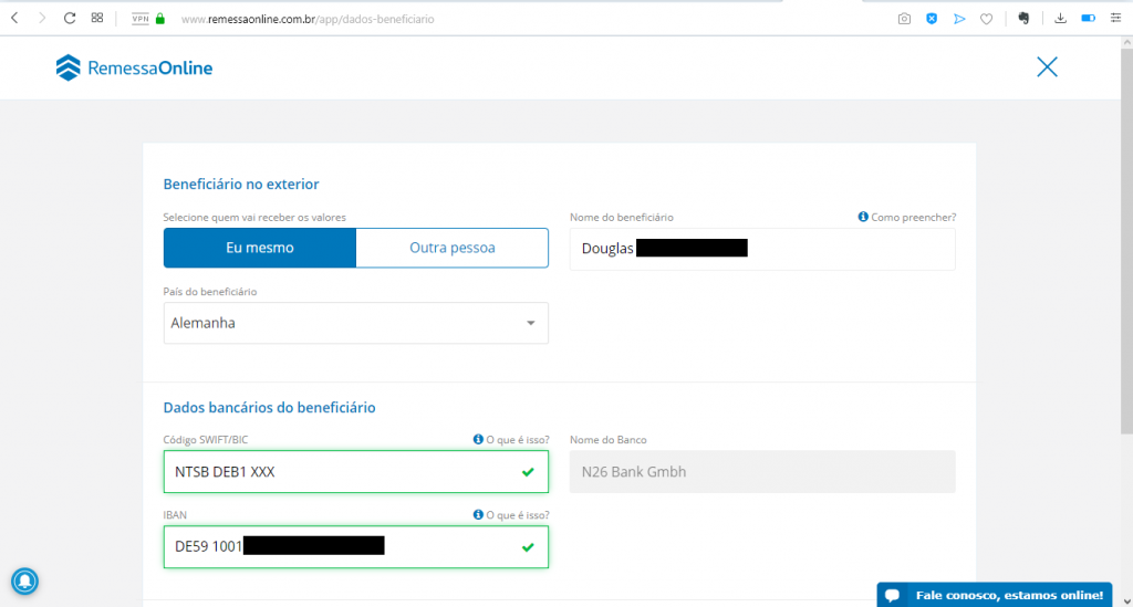 O campo nome já é preenchido automaticamente;
Vamos selecionar o país Alemanha - por ser a sede do N26
Ao inserir os códigos SWIFT/BIC, ele reconhece o N26 como banco destino
Cole o seu código IBAN.