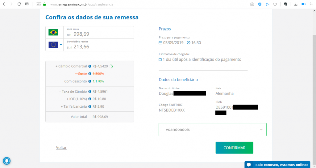 Aqui vamos inserir os valores.
Nessa remessa vamos enviar R$ 1.000,00 e a conversão é feita automaticamente.