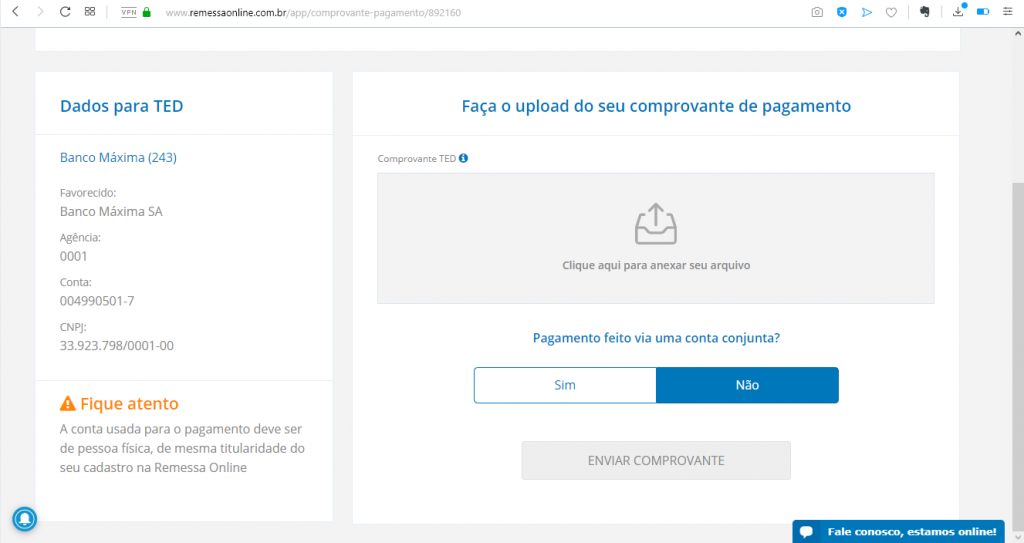Ao enviar o comprovante, selecionamos "Não" para a opção Conta Conjunta.
